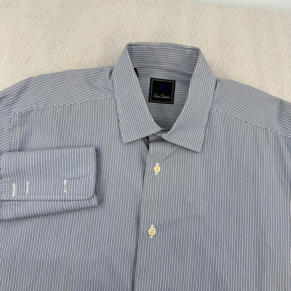 David Donahue Mens Long Sleeve Dress Shirt 16.5-34/35 Blue Striped French Cuff